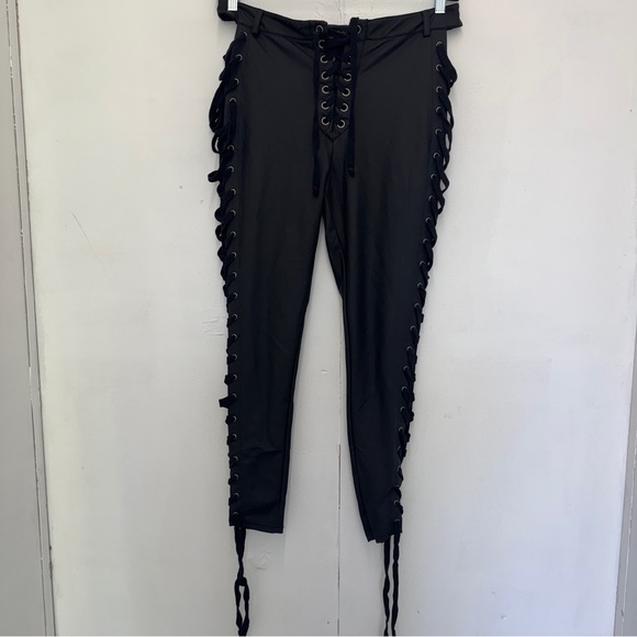 CLUB EXX ROWDY ROOM LACE-UP PANTS black faux leather Y2K Gothic XL Dolls Kill - Picture 11 of 11